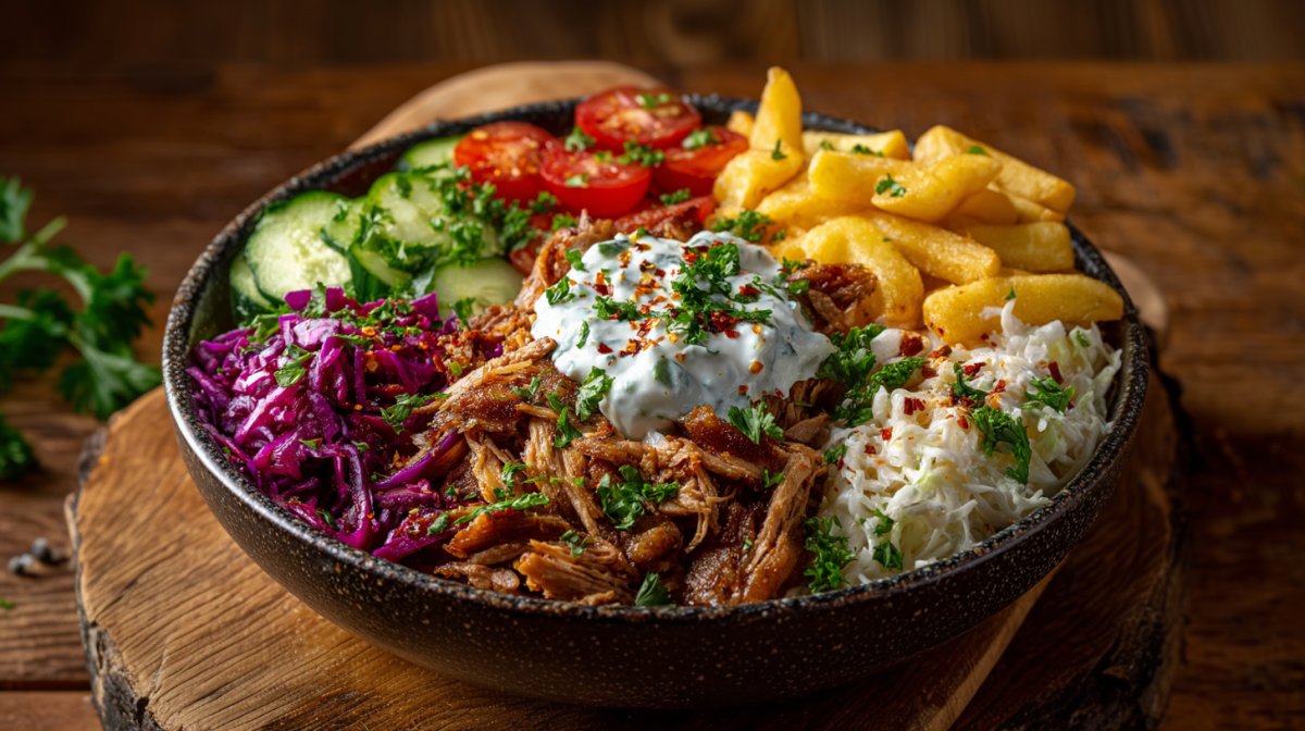 Eine Pomm-Döner-Bowl auf einem hölzernen Untersetzer. Im Hintergrund liegt frische Petersilie.