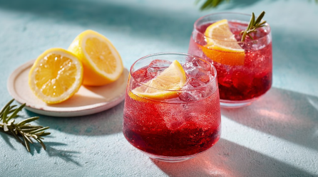 Zwei Gläser mit Port Tonic, daneben steht ein kleiner Teller mit Zitronen. Dekoriert mit Zitronenscheiben und Rosmarin.