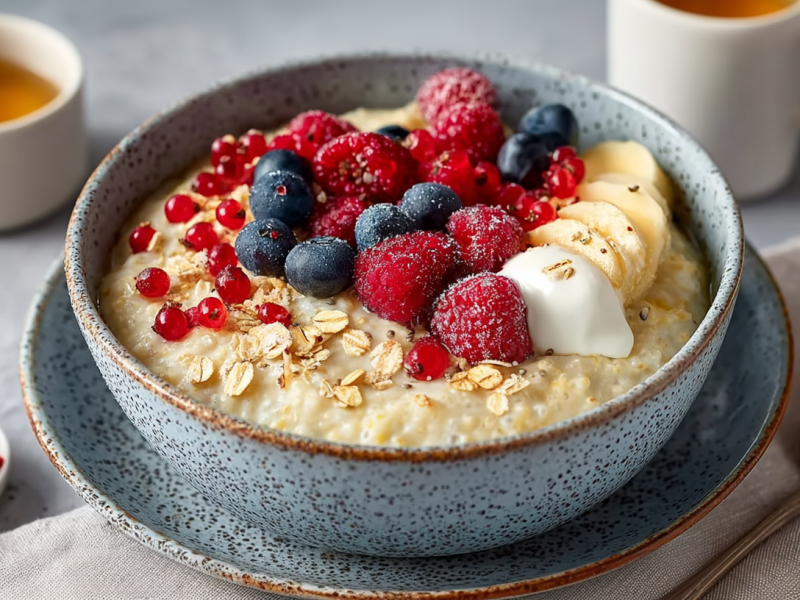 Eine Schale mit Pudding-Porridge, dekoriert mit Beeren, Bananen und Joghurt. Im Hintergrund ist Frühstücksgeschirr wie Löffel und Becher.