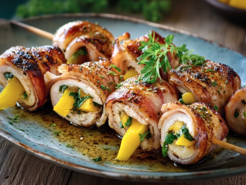 Mehrere Puten-Mango-Spieße auf einem Teller.