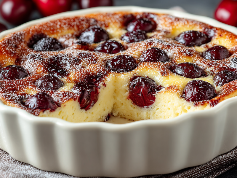 Quarkauflauf mit Kirschen in einer runden Auflaufform.