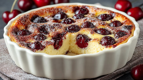 Quarkauflauf mit Kirschen in einer runden Auflaufform.