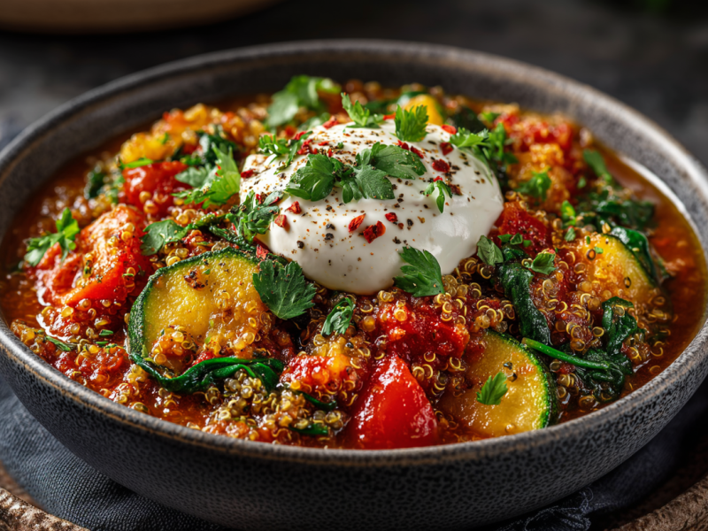 Quinoa-Zucchini-Eintopf in einer grauen Schüssel auf einem braunen Unterteller. Der Eintopf ist mit frischer Petersilie und einem Klecks Joghurt garniert.