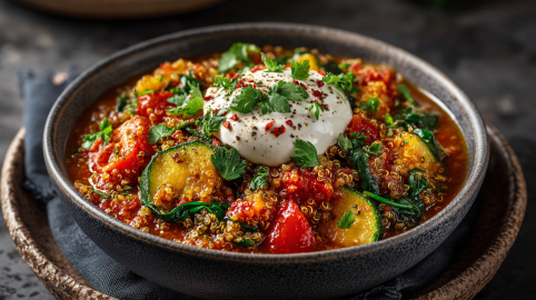 Quinoa-Zucchini-Eintopf in einer grauen Schüssel auf einem braunen Unterteller. Der Eintopf ist mit frischer Petersilie und einem Klecks Joghurt garniert.