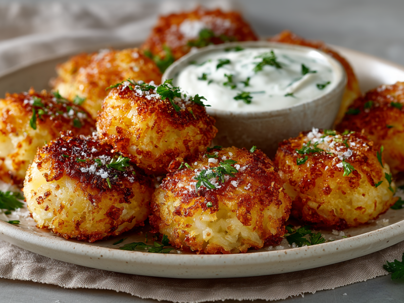 Mehrere Reisfrikadellen aus der Heißluftfritteuse auf einem grauen Teller. In der Mitte steht ein cremiger Joghurtdip. Alles ist mit frischen Kräutern bestreut.