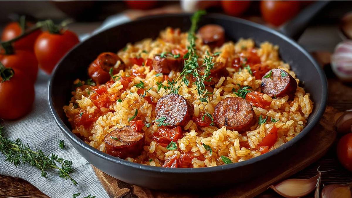 Reispfanne mit Wurst auf einem Tisch