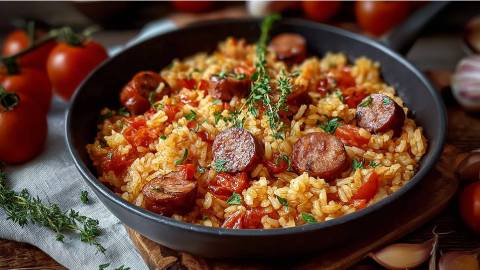 Reispfanne mit Wurst auf einem Tisch