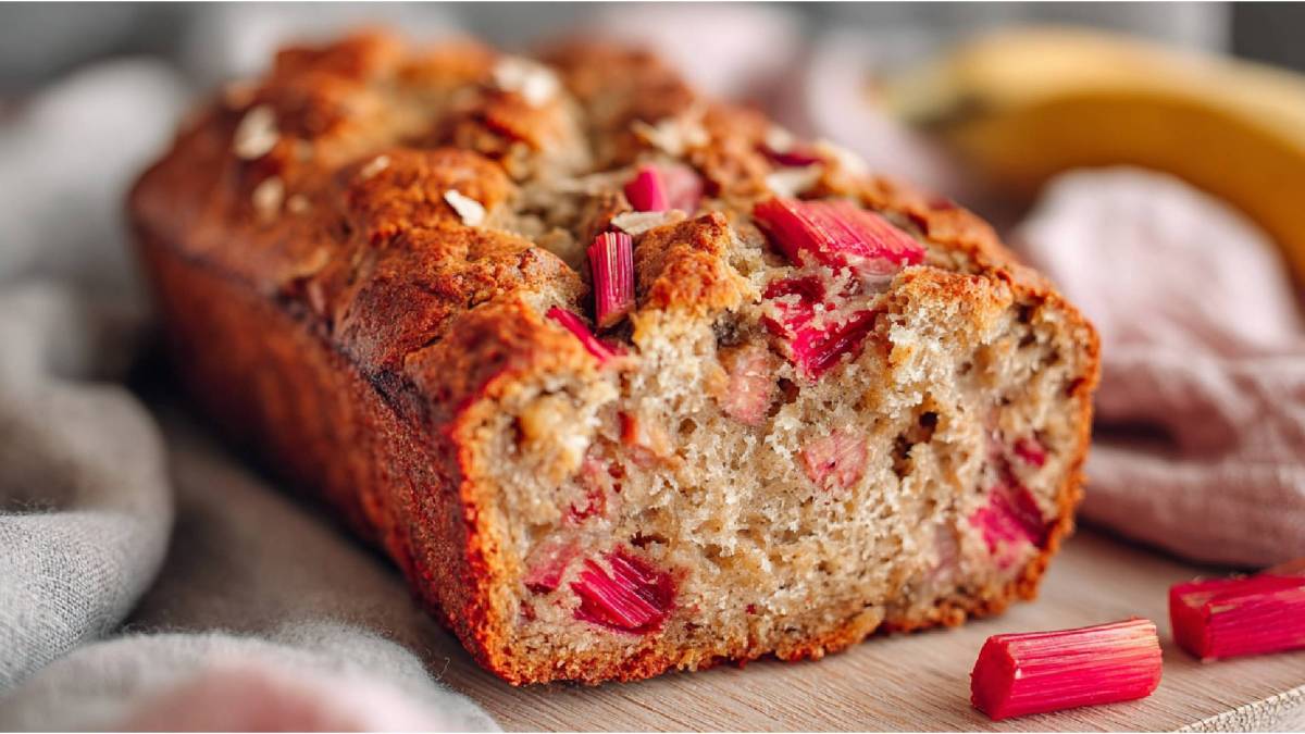 Rhabarber-Bananenbrot angeschnitten auf einem Tisch