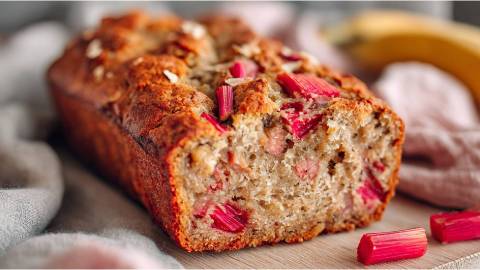 Rhabarber-Bananenbrot angeschnitten auf einem Tisch