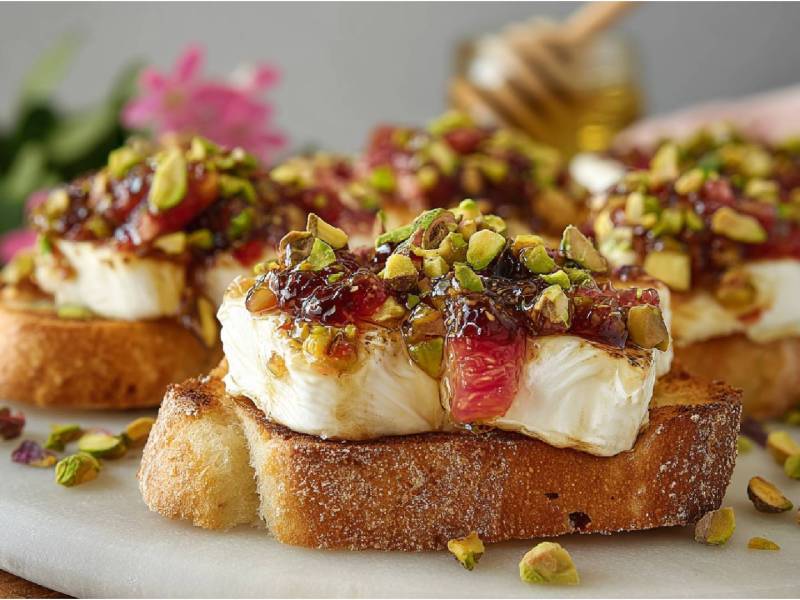 Rhabarber-Crostini mit Ziegenkäse auf einem Teller