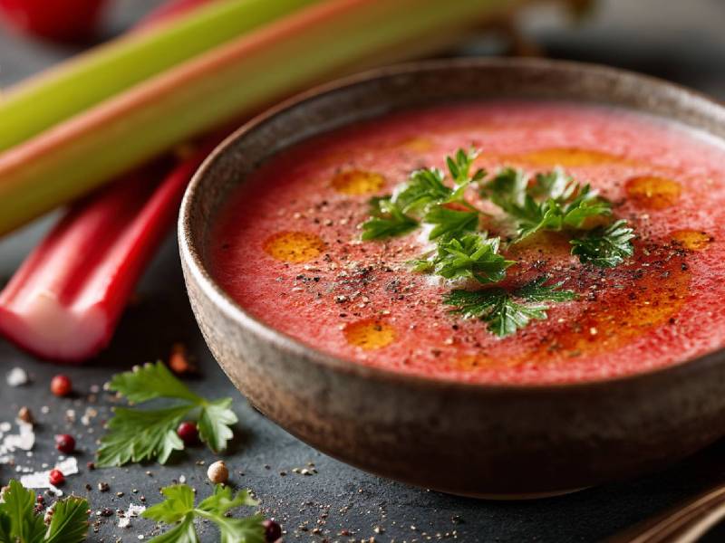 Schale Rhabarber-Gazpacho mit Rhabarber-Stangen daneben.