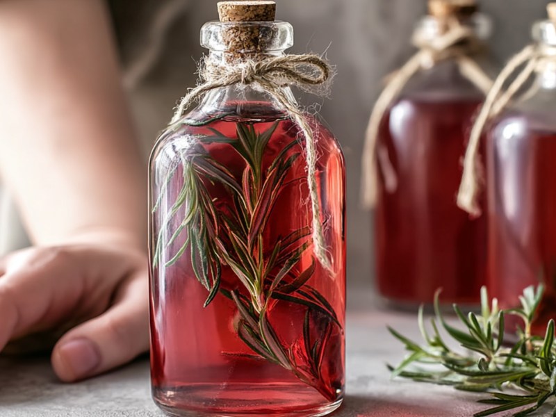Mehrere Flaschen Rhabarber-Rosmarin-Sirup und eine Hand daneben.