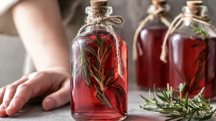 Mehrere Flaschen Rhabarber-Rosmarin-Sirup und eine Hand daneben.