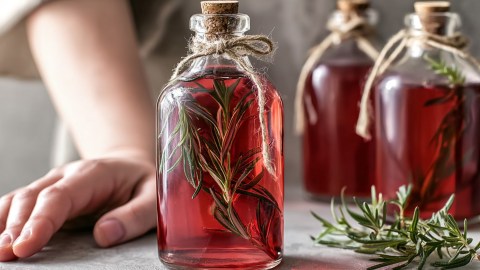 Mehrere Flaschen Rhabarber-Rosmarin-Sirup und eine Hand daneben.