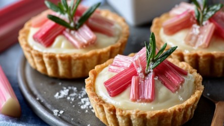 Mehrere Rhabarber-Tartelettes auf einem Teller.