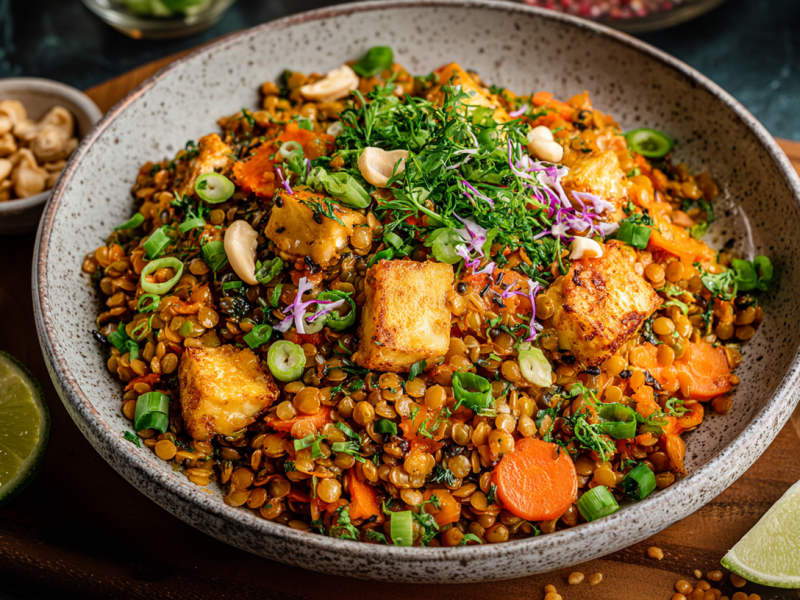 Eine Salatschüssel mit rotem Linsensalat mit Räuchertofu.