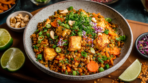 Eine Salatschüssel mit rotem Linsensalat mit Räuchertofu.