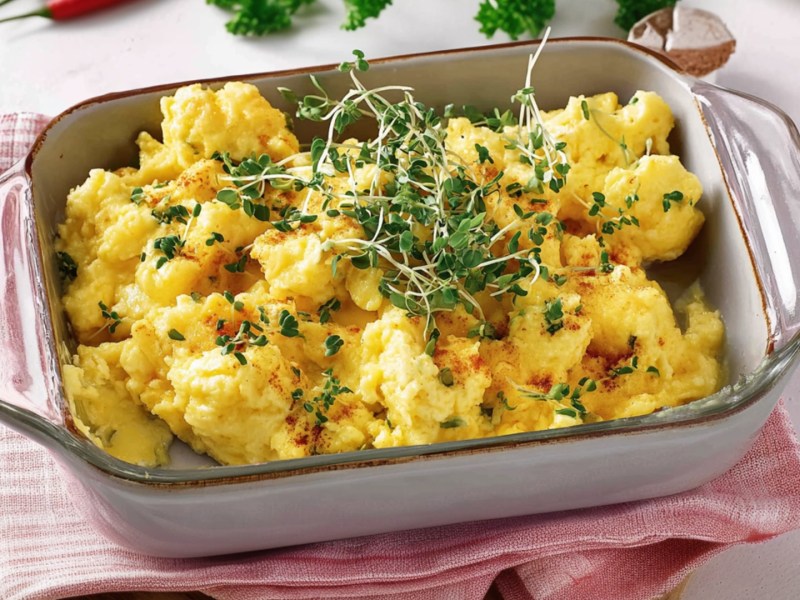 Eine Auflaufform mit Ofen-Rührei.