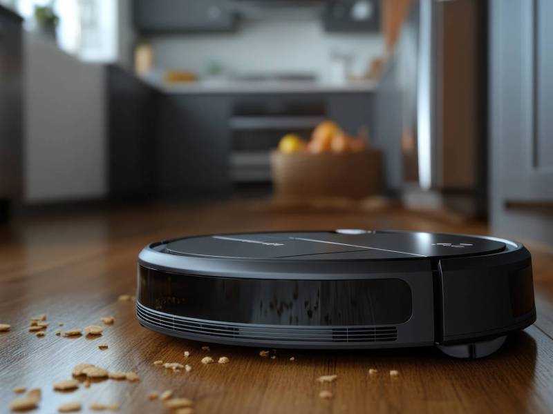 Ein schwarzer Saugroboter mit Wischfunktion in einer Küche, der einige Krümel vom Boden aufsaugt. Im Hintergrund kann man verschwommen die Küche erkennen.