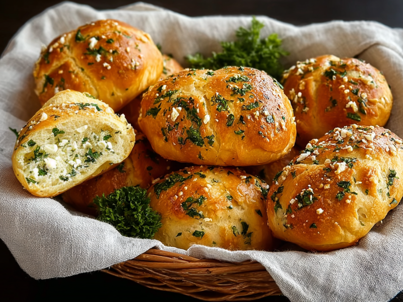 Schafskäsebrötchen in einem Holzkorb, der mit einem Tuch ausgeschlagen ist.