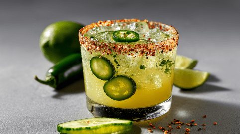 Eine scharfe Gewürzgurken-Margarita auf einem grauen Untergrund. Vor dem Glas liegt eine Gurkenscheibe. Dahinter liegen Limetten und eine Jalapeño.