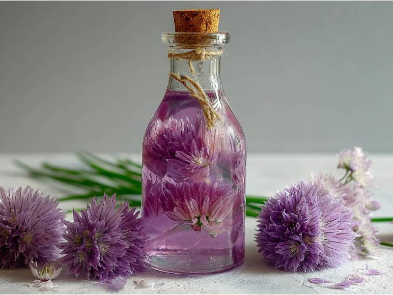 Flasche mit Schnittlauchblütenessig und Schnittlauchblüten daneben