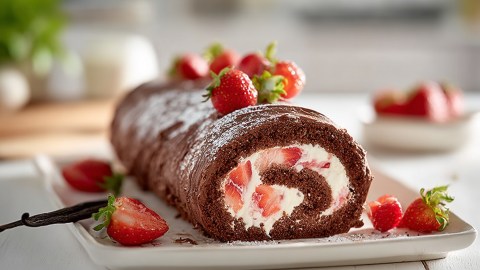 Eine Schoko-Erdbeer-Biskuitrolle, die mit Puderzucker bestäubt und mit frischen Erdbeeren garniert ist. Sie liegt auf einer weißen Servierplatte. Im Hintergrund kann man verschwommen eine Küche erahnen.