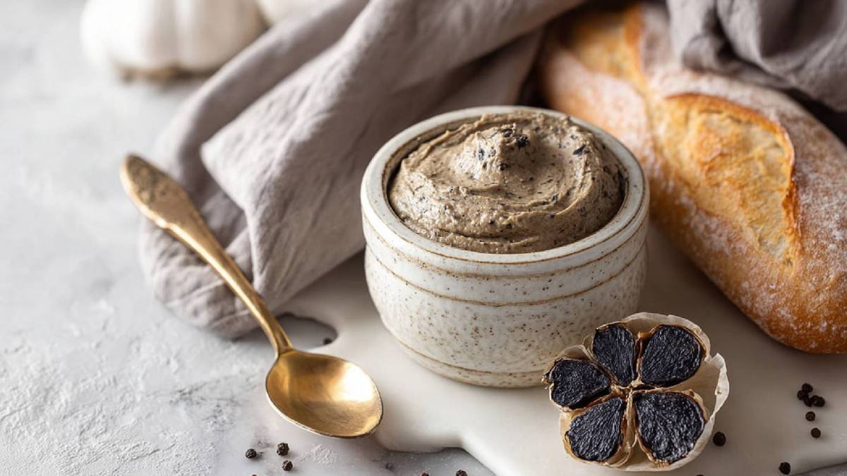 Schale mit schwarzem Knoblauch, eine aufgeschnittene Knolle und Baguette daneben