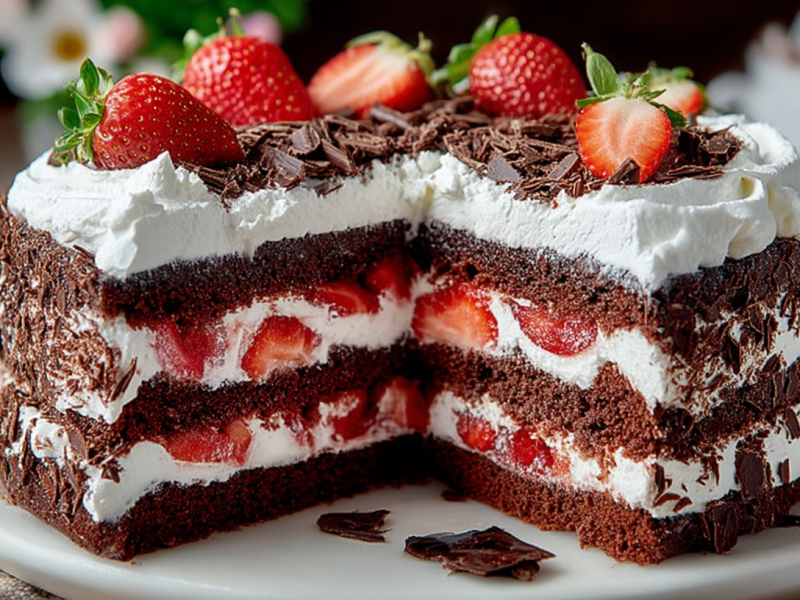 Eine angeschnittene Schwarzwälder Erdbeertorte.