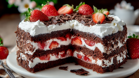 Eine angeschnittene Schwarzwälder Erdbeertorte.