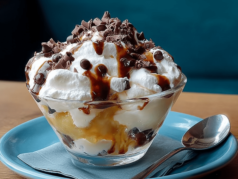 Ein Eisbecher mit Eis, Sahne und Apfelmus steht auf einem Teller. Daneben liegt ein Löffel.