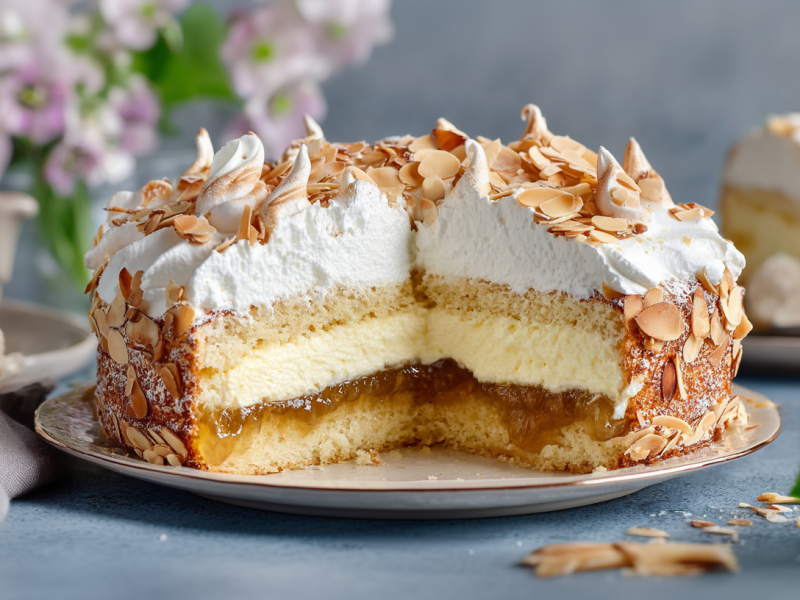 Eine angeschnittene Schwimmbadtorte auf einem Teller. Im Hintergrund sieht man Blumen und eine Teekanne.