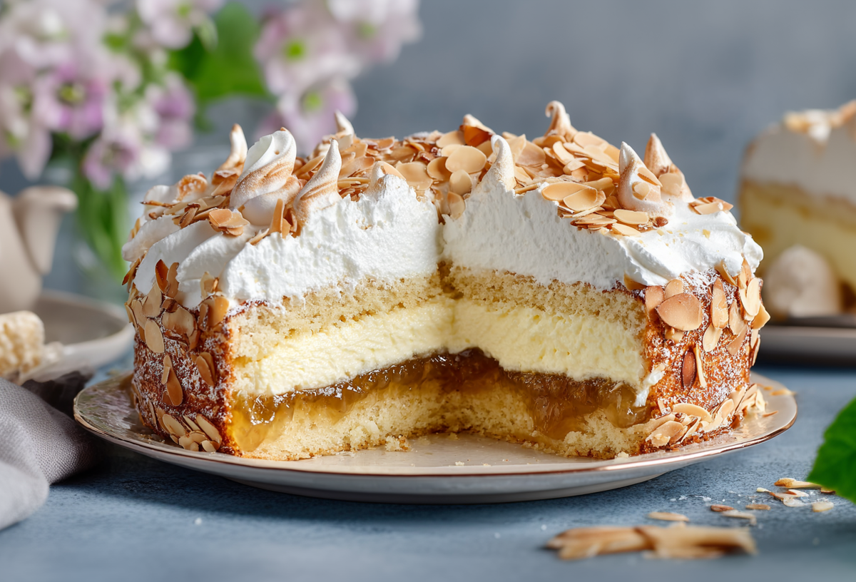 Eine angeschnittene Schwimmbadtorte auf einem Teller. Im Hintergrund sieht man Blumen und eine Teekanne.