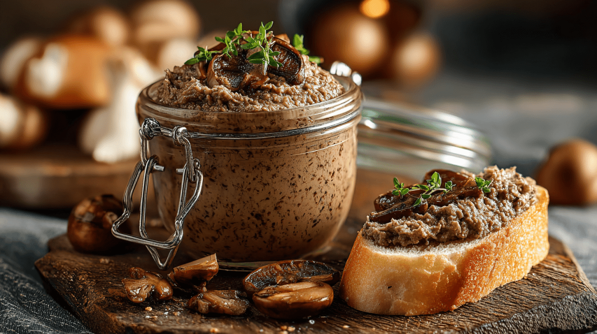 Ein Glas Shiitake-Aufstrich, daneben eine Scheibe Baguette, bestrichen mit dem Aufstrich.