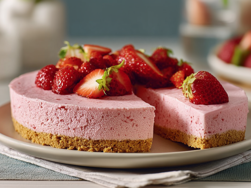 Eine Skyr-Erdbeertorte ohne Backen ist auf einem Teller angerichtet. Ein Stück ist angeschnitten.