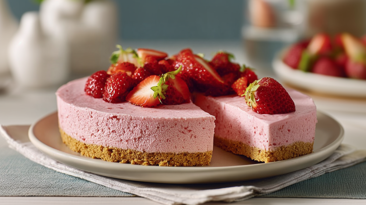 Eine Skyr-Erdbeertorte ohne Backen ist auf einem Teller angerichtet. Ein Stück ist angeschnitten.