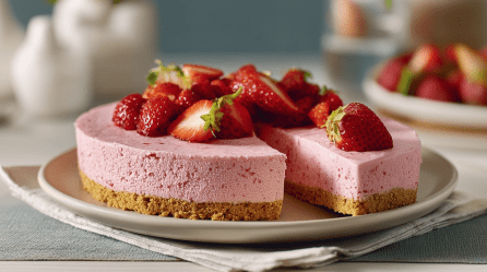 Eine Skyr-Erdbeertorte ohne Backen ist auf einem Teller angerichtet. Ein Stück ist angeschnitten.