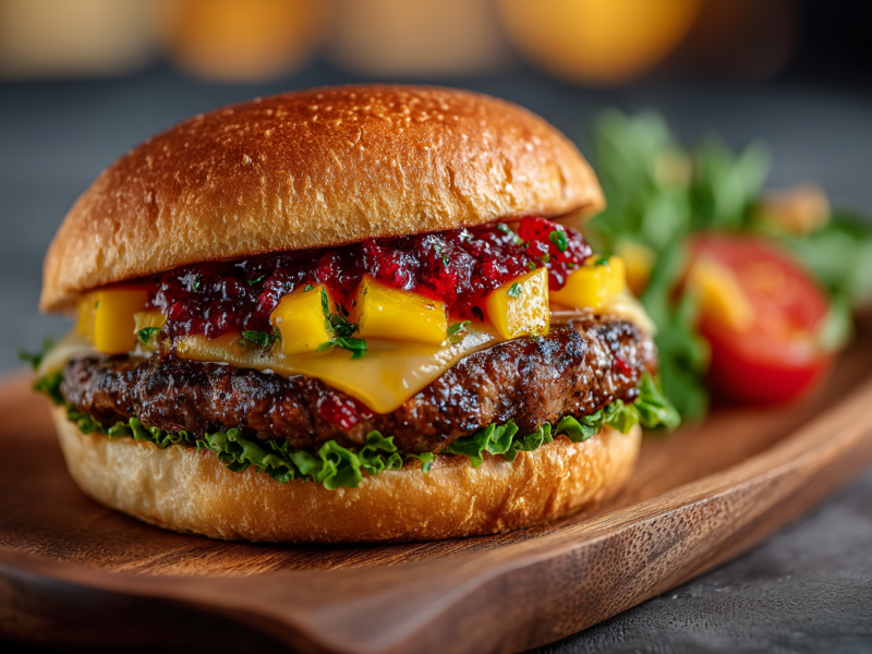 Ein Sommerburger mit Erdbeer-Chutney auf einem Holzbrett. Im Hintergrund liegt etwas Salat und eine Tomate.