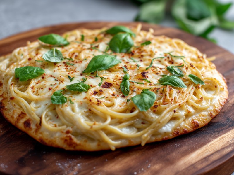 Ein rundes Holzbrett, auf dem eine Spaghetti-Pizza liegt, die mit frischem Basilikum garniert ist. Im Hintergrund kann man etwas frisches Basilikum sowie eine Knoblauchknolle erkennen.