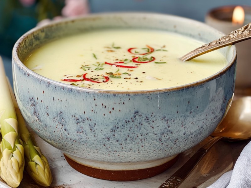 Eine Schüssel Spargel-Kokos-Suppe mit einem Löffel drin.