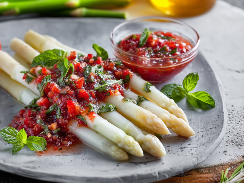 Weißer Spargel mit Erdbeer-Basilikum-Minz-Soße auf einem grauen, rustikalen Teller. Links auf dem Teller liegen frische Erdbeeren. Rechts im Bild liegt ein Rosmarinzweig.