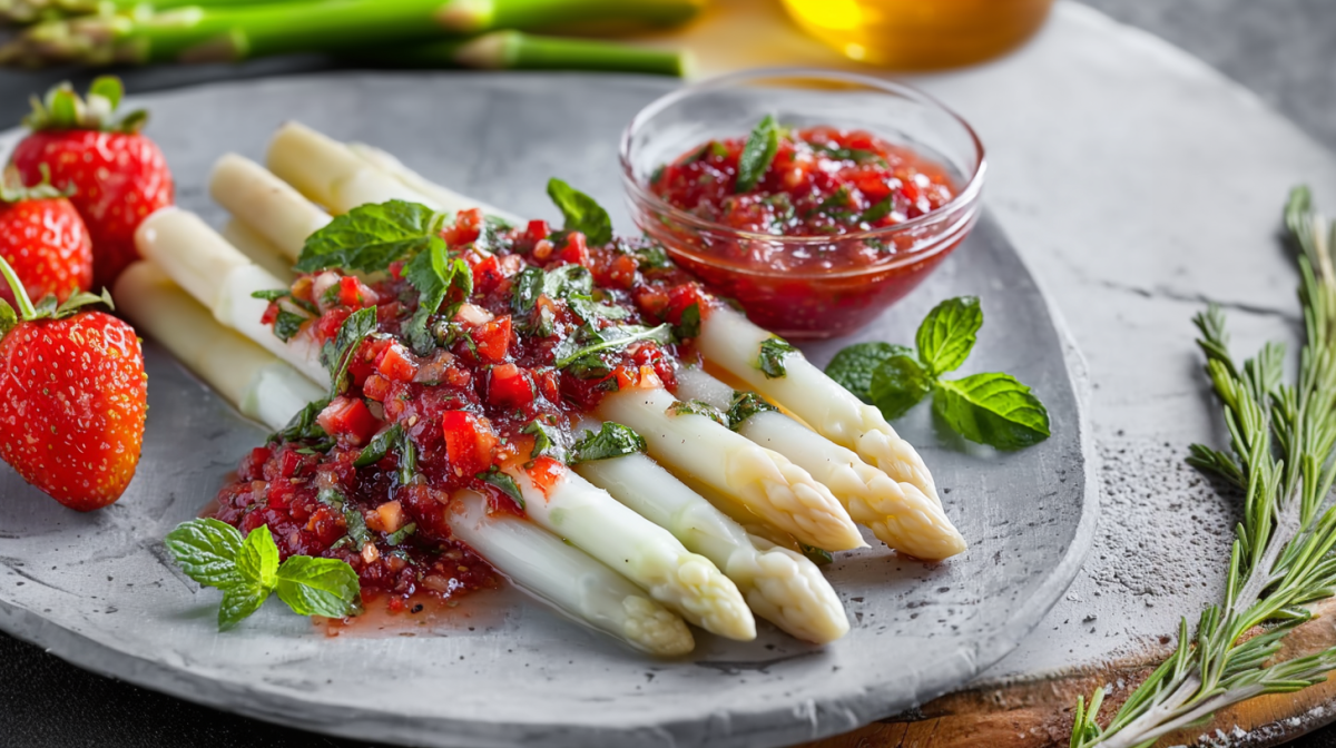 Weißer Spargel mit Erdbeer-Basilikum-Minz-Soße auf einem grauen, rustikalen Teller. Links auf dem Teller liegen frische Erdbeeren. Rechts im Bild liegt ein Rosmarinzweig.