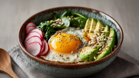 Eine Schüssel mit Spiegelei-Haferflocken steht auf einem grauen Küchentuch. links daneben liegt ein Holzlöffel.