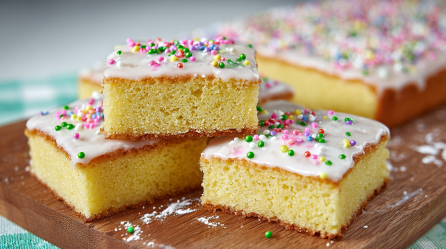 Mehrere Stücke Sprite-Kuchen auf einem Holzbrett, im Hintergrund der Rest des Kuchens.