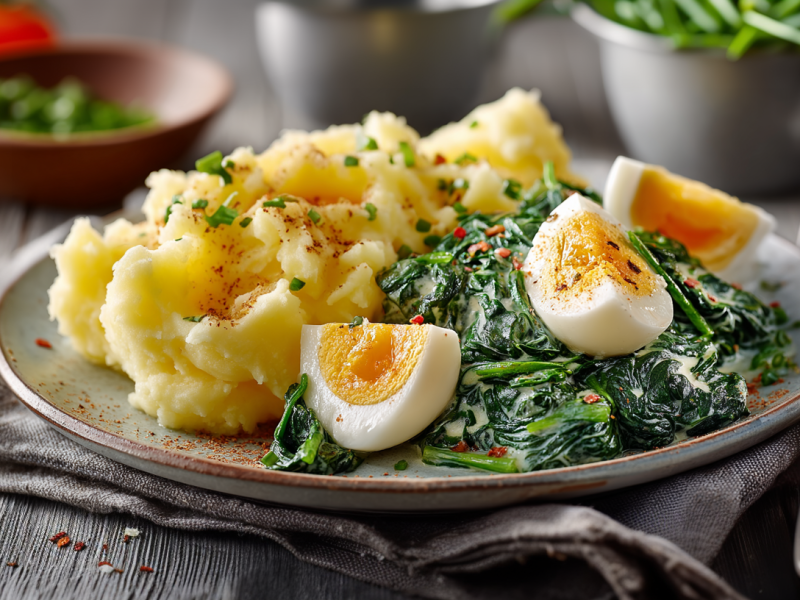 Stampfkartoffeln mit Rahmspinat auf einem grauen Teller. Auf dem Spinat liegen einige hartgekochte, geschnittene Eier. Im Hintergrund sieht man Tomaten sowie Schüsseln mit mehr Spinat.