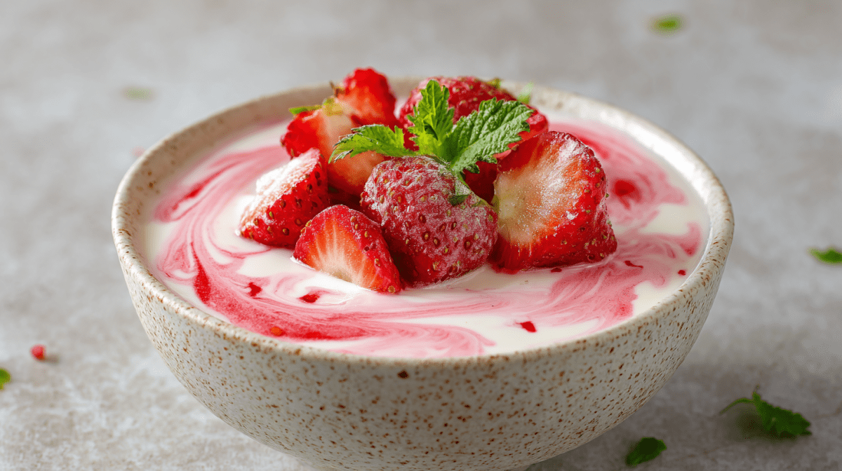 Eine Schale Stippmilch mit Erdbeeren auf grauem Untergrund.