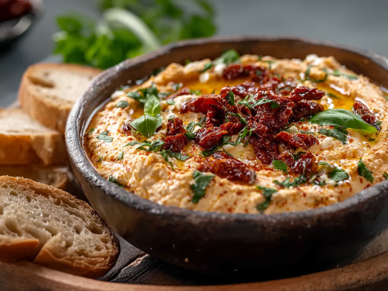 Eine Schale Tomaten-Feta-Dip auf einem Holzteller. Links daneben liegen einige Brotscheiben. Im Hintergrund liegen frische Kräuter.