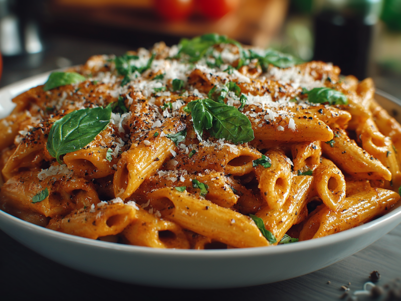 Ein Teller Tomaten-Knoblauch-Pasta auf einem grauen Holztisch. Im Hintergrund sieht man einige Tomaten. Vor dem Teller liegen noch Gewürze.