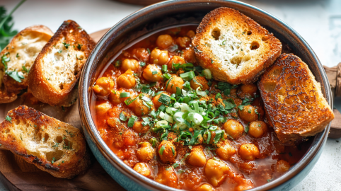 Eine Schale tunesischer Kichererbseneintopf mit Brot.