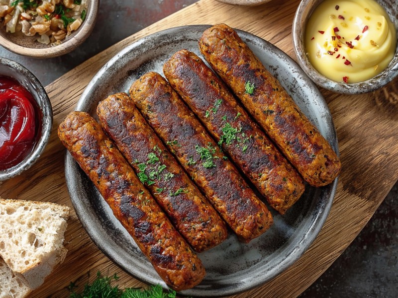 Ein Teller mit einigen veganen Bratwürsten, der auf einem Holzbrett platziert ist. Außerdem sind Schälchen mit Ketchup und Senf, sowie frisches Weißbrot in Scheiben, einige Kräuter und eine Schale mit Walnusskernen zu sehen.